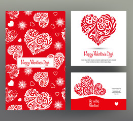 Set of 3 cards or banners for Valentine's Day with ornate red lo