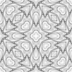 Monochrome Seamless Pattern with Ethnic Motifs. Endless Tribal Texture. Tile Background, Kaleidoscope. Coloring Book Page. Vector Contour Illustration. Abstract Mandala Art, Doodle Sketchy Style