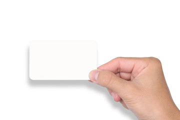 Blank business card mock up in hand on white background use us contact information design templete