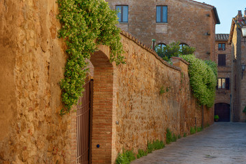 Fototapeta premium Beautiful narrow street with sunlight and flowers in the small magical and old village of Pienza, Val D'Orcia Tuscany, Italy.