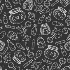 Vector hand drawn witch bottles seamless pattern. Gray outline of potions, elixirs, vials of different shapes and cauldrons. Halloween design.