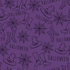 Colorful hand drawn vector halloween seamless pattern on the purple background. Includes contours of witches hat, stockings, shoes and spider webs.