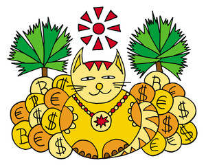 Cat and money. Sun and palm trees