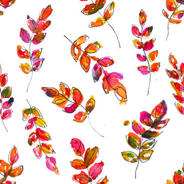 Beautiful colorful watercolor seamless pattern. Pink orange red fall leaves hand made illustration