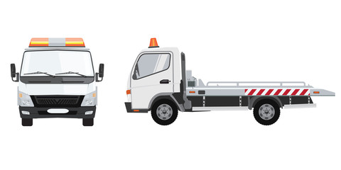 White tow truck with front and side view. Flat vector with solid color design.