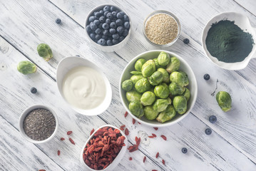 Superfoods on the wooden background
