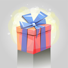 red gift box with blue ribbon