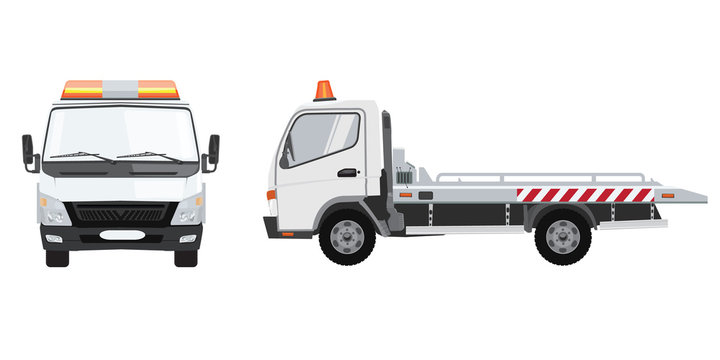 White Tow Truck With Front And Side View. Flat Vector With Solid Color Design.