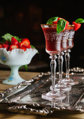 Strawberry and basil cocktails on silver tray