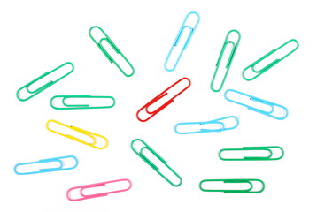 Colorful paper clips isolated on a white background, top view