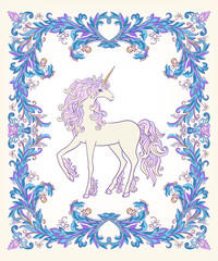 Obraz na płótnie Canvas Unicorn in the frame, arabesque in the royal, medieval style in 