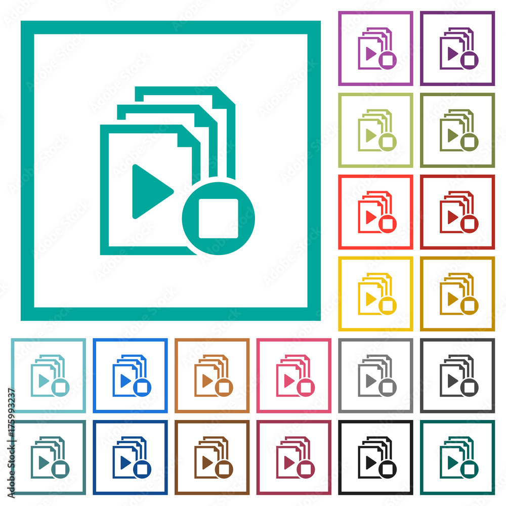 Poster stop playlist flat color icons with quadrant frames