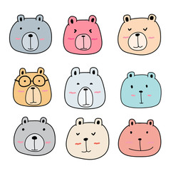 Hand Drawn Cute Bear Characters Set.