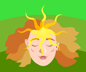 Female head with sun shining on forehead.  Spirituality, peace, mindful, meditation concept illustration vector.