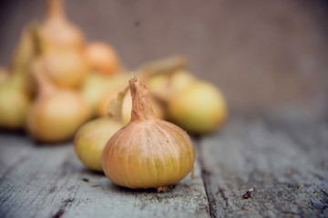 Close up fresh red onions on lying on the wooden table, chopped onions on wooden cutting board.