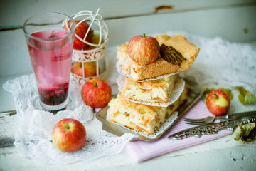 Fresh baked delicious classic American apple pie.Top view, rustic style, copy space