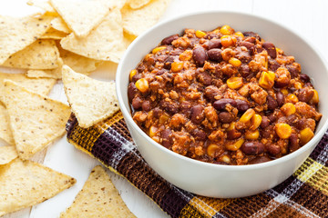 Bowl of chili con carne and corn nachos close-up