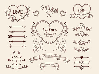 Valentine and wedding design elements. Hand drawn arrows, hearts, dividers, ribbon banners. Vector illustration.