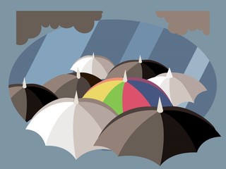 Rainbow umbrella in mass of black and white umbrellas. Stand out from the crowd. Business leadership concept illustration vector.