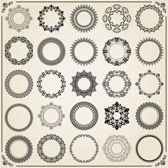 Vintage big set of round elements. Different elements for decoration and design frames, cards, menus, backgrounds and monograms. Classic patterns. Set of vintage patterns