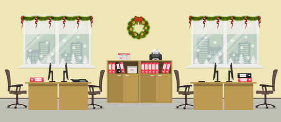 Yellow office room, decorated with Christmas decoration. There are desks, chairs, computers, a printer, cabinets with folders and other objects in the picture. Vector illustration