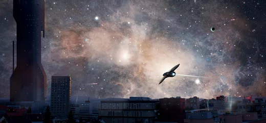 Fotobehang Sci-fi stad met planeet, nevel en ruimteschepen, elementen ingericht door NASA. 3D-rendering © Space Creator