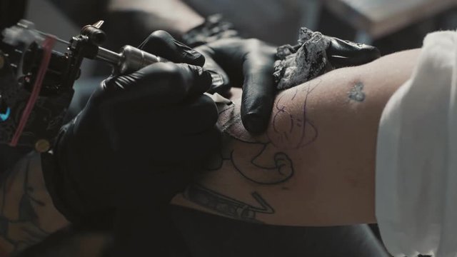 Close up of female arm during painful process of getting tattoo, she recieves artist drawing with ink on skin of cat, master wears latex black gloves for hygiene reasons