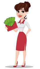 Young cartoon businesswoman in red and white clothes. Beautiful lady holding envelope full of money.