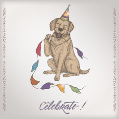 Romantic color vintage birthday card template with calligraphy, dog and party flags sketch.