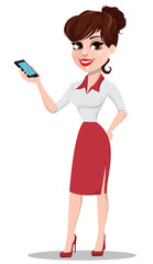 Young cartoon businesswoman. Beautiful lady in red and white clothes holding smartphone.