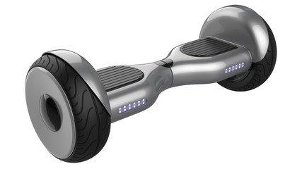 Hover Board, Close Up of Dual Wheel Self Balancing Electric Skateboard Smart Mini Scooter, painted grey metallic . 3d rendering of silver self-balancing board, isolated on white background