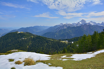 The view from Monte Lussari in Friuli Venezia Giulia, north east Italy in late September. The first snows have fallen but not enough to open the ski slopes yet.
