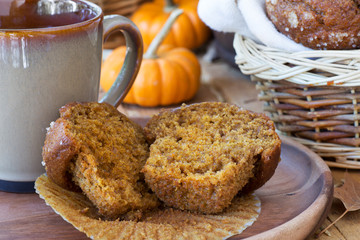 Sliced Pumpkin Muffin and Cup of Coffee