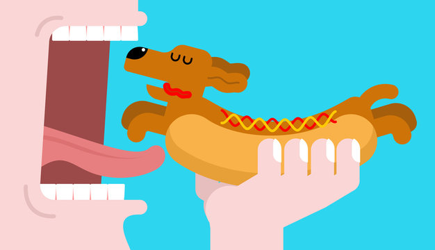 Eat Hot dog dachshund. Open mouth and teeth. Pet Animal Hotdog. Vector illustration