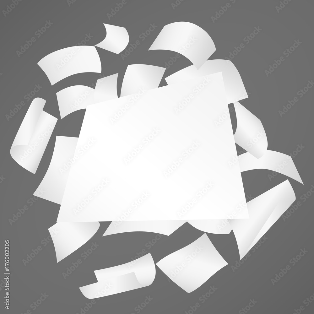Poster white curl paper notebook sheets for note or message falling on dark gray background.