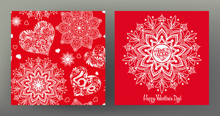 Set of seamless patterns and greeting cards for Valentine's Day 