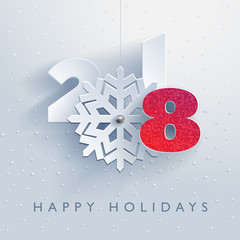 Happy 2018 holidays concept. Paper white design typography with long shadows.