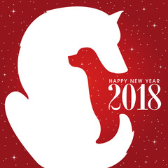 Two dogs. Red background. Negative space design. Happy 2018 new year. Holidays greeting card.