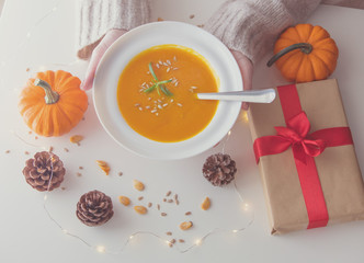 Pumpkin soup with rosemary in white plate near a pine cone with Fairy Ligths