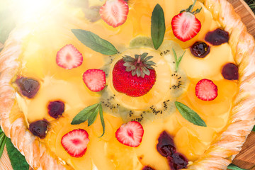 Fruit pizza with strawberries kiwi pineapple