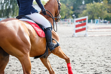 Young girl on sorrel horse galloping on her course on show jumping competition. Image with copy...