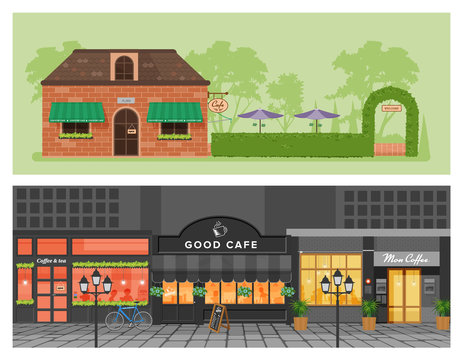 Vector illustration set of coffee shop,cafe loft style with street and garden