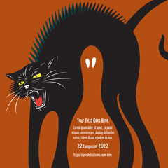 Hissing black cat. Cat&rsquo;s body forms negative space shaped as ghost, place for your text. Halloween concept.