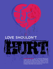 Red heart on purple background, symbol of love, formed as fist. Love shouldn&rsquo;t hurt.  Stop violence against women concept.