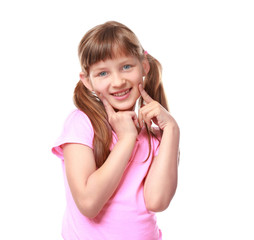 Funny little girl on white background