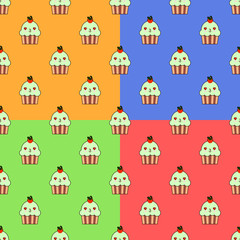 Fototapeta na wymiar Cute cupcake kawaii character seamless set pattern with cherry and cute faces. Smiley blue cup cakes with cherry topping. Flat design Vector Illustration EPS