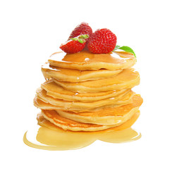 Tasty pancakes with honey and strawberry on white background