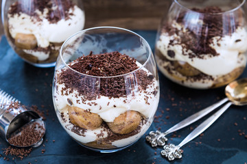 Traditional Italian dessert Tiramisu in a Glass Jar