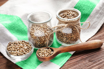 Composition with hemp seeds on table