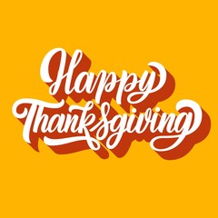 Happy thanksgiving fancy brush hand lettering, with 3d shadow, isolated on orange background. Calligraphy vector illustration. Can be used for holiday type design.